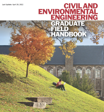 CEE Graduate Field Handbook, photo of student sitting on hill on Cornell's campus