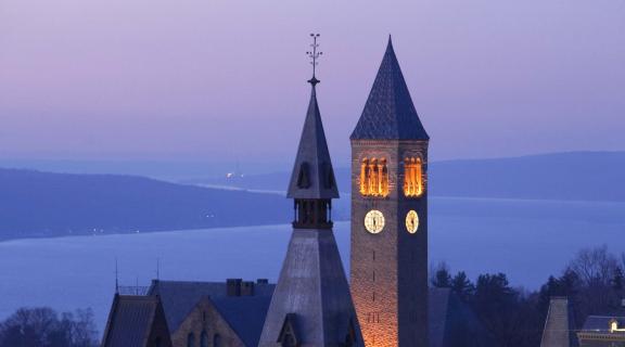 photo of Cornell clocktower at sunset