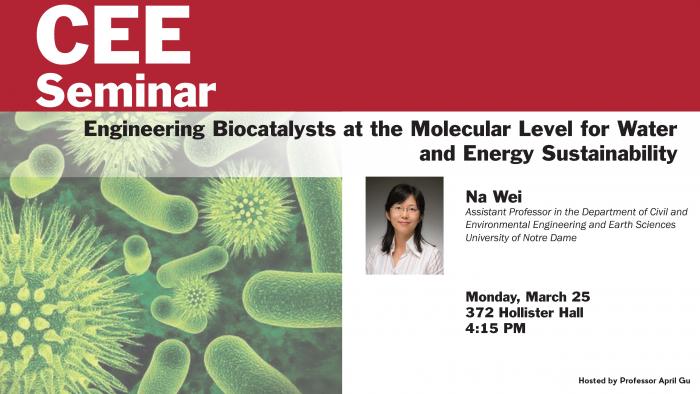 Engineering Biocatalysts at the Molecular Level for Water and Energy Sustainability, Na Wei, Department of Civil and Environmental Engineering and Earth Sciences University of Notre Dame, Monday March 25