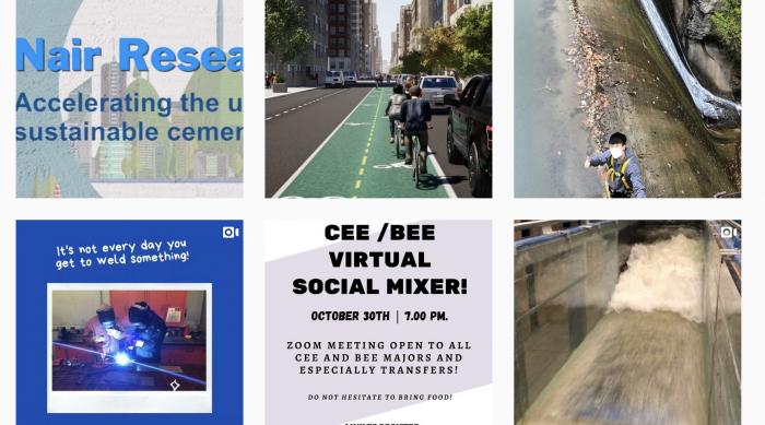 Instagram posts boxes with Nair Research Group, Image of people riding bikes in city, grad student working on top of a waterfall with harness on and thumbs up, It's not everyday you get to weld something with students welding, CEE/BEE Virtual Social Mixer announcement and image of water flowing in a tank.