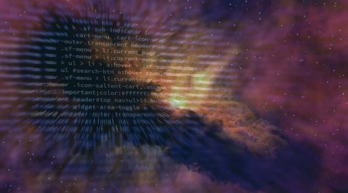 Image of outer space over computer coding