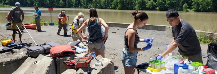 Students at water treatment plant organizing samples