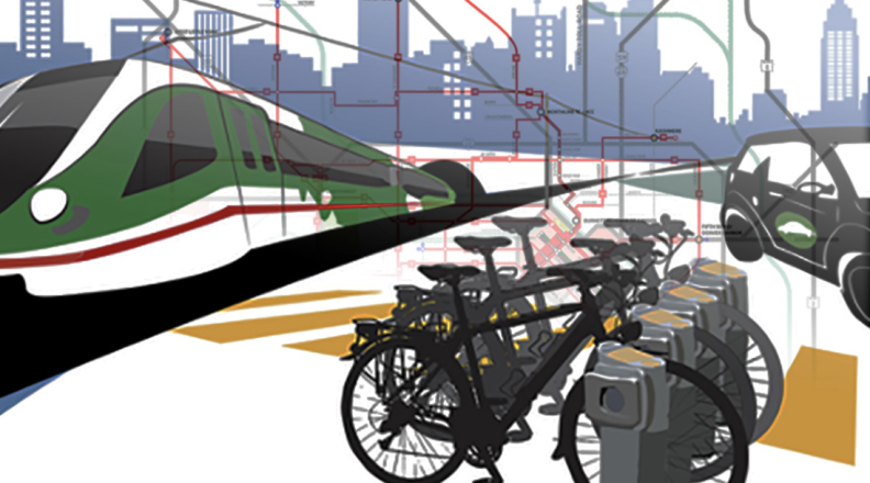Drawing of train, bikes, city and map by Elizabeth Nelson